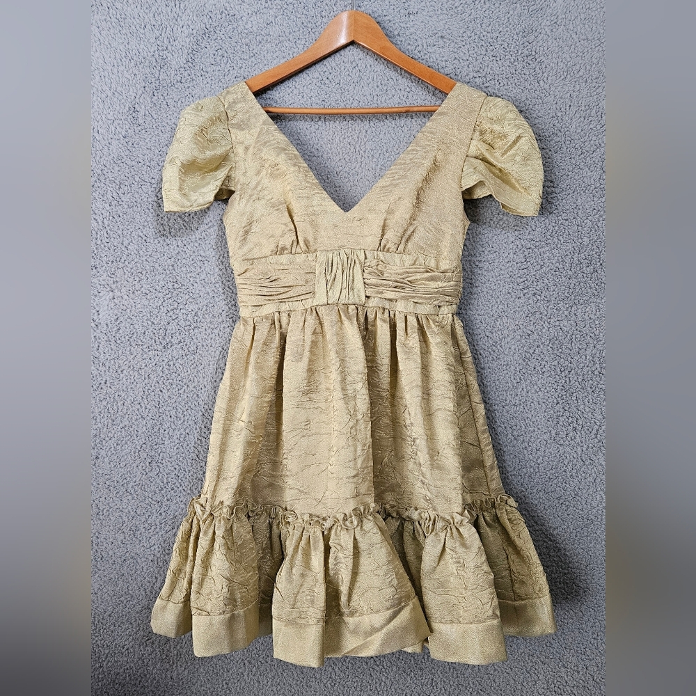 Basix II Gold Mini Dress Sz 4 Small Puff Sleeve Coquette Victorian Wedding Party - Picture 2 of 12